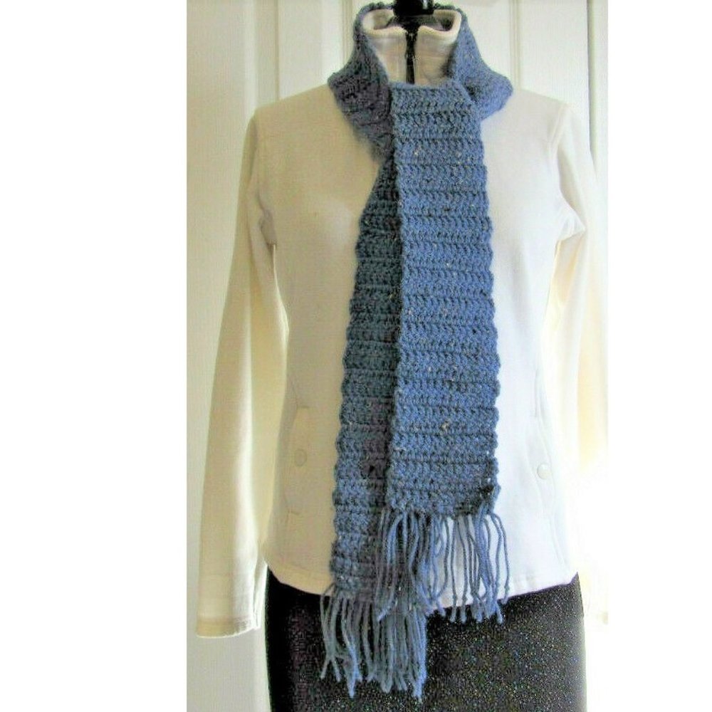 Blue Wool Scarf 74x4 Long Narrow Light Soft Handmade Crochet Knit Men Women NWT